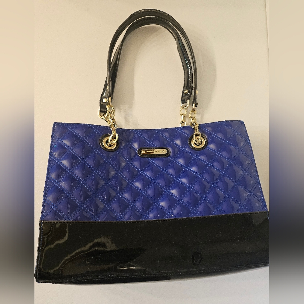 Anne Klein Colbolt Blue Black Patent Leather Gold Chain Top Handle Bag Purse